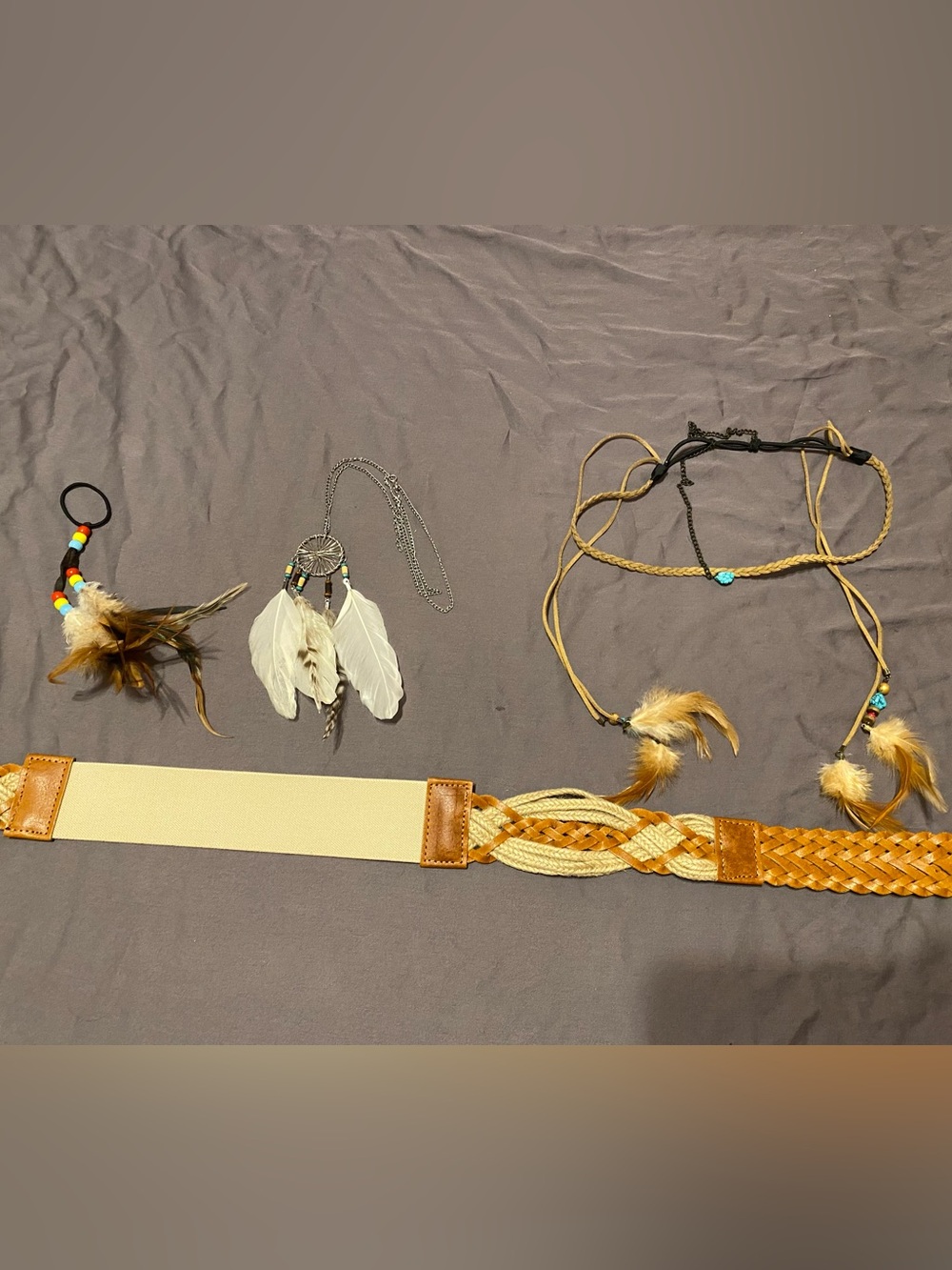 Boho beaded accessory bundle- dream catcher necklace, hair tie, circlet, belt